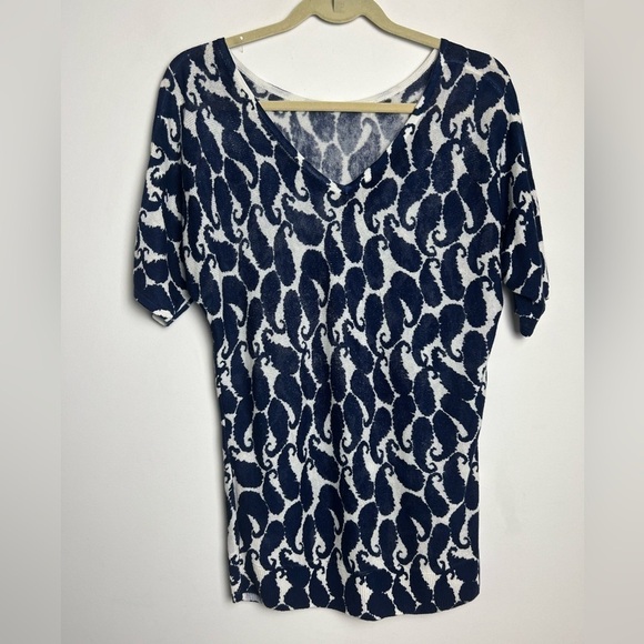 Talbots Blue Shadow Paisley Lightweight V-Back Linen Blend Short Sleeve Sweater - Picture 6 of 10